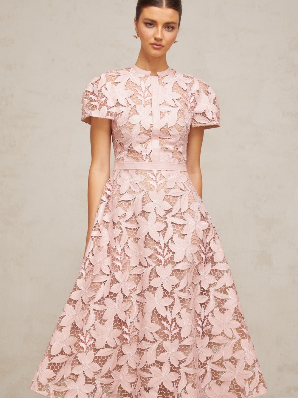 Blush Pink Floral Lace Midi Dress